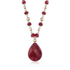 Ross-Simons - 10.00 Carat Ruby Station Necklace in 14kt Yellow Gold. 18". Rich, red rubies are enhanced with the glow of 14kt yellow gold. A 10.00 carat pear-shaped ruby dangles from a lovely necklace stationed with 3-4mm faceted ruby beads and 3mm gold beads. Wear this treasure anytime you want to stand out! Springring clasp, ruby necklace. Ruby birthstones are the perfect gift for July birthdays. Necklace Ruby, Phoenix Pendant, Pearl Drop Necklace, Ruby Birthstone, Glass Drop Earrings, Opal Pendant Necklace, Ruby Beads, Drop Pendant Necklace, Fine Jewelery