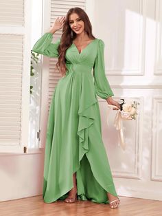 High Low Chiffon Dress, Bridesmaid Dresses Dusty Sage, Satin Formal Dress, Long Sleeves Dress, Chiffon Bridesmaid Dresses, Couple Wedding, Dress Dusty, Sleeves Dress, Chiffon Ruffle