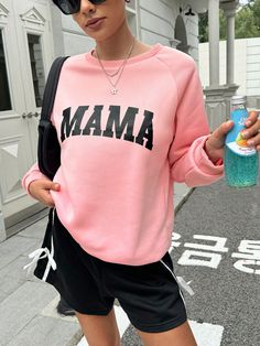 Crew Neck Long Sleeve Letter Print Simple Sweatshirt, Casual Daily Wear Hot Pink Casual  Long Sleeve Fabric Letter Pullovers Slight Stretch  Women Clothing, size features are:Bust: ,Length: ,Sleeve Length: Simple Sweatshirt, Pink Sweatshirt, Inspiration Mode, New Wardrobe, Casual Sweatshirt, Letter Print, Women Clothes Sale, All Fashion, Women Clothing