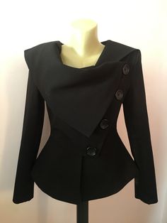 "This is a very stylish and fitted elegant black jacket . Leght 62cm. Fully lined. A jacket especially made to turn heads and give you that wow factor :) SIZE CHART SIZE S - US 6, UK 8, EU 36 bust: bust around 34.5\"/90cm Waist: waist around 27.5\"/70cm Hips: hips around 34.5\"/90cm SIZE M - US 8, UK 10, EU 38 bust: bust around 37.5\"/95cm Waist: waist around 29.5\"/75cm Hips: hips around 37.5\"/95cm SIZE L - US 10, UK 12, EU 40 bust: bust around 39.5\"/100cm Waist: waist around 31.5\"/80cm Hips Flared Jacket, Punk Jacket, Asymmetrical Coat, Tight Dress Outfit, Cashmere Jacket, Beautiful Dress Designs, Fashionista Clothes, Jacket Long, Sleeve Jacket