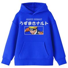 Celebrate your favorite anime characters with this Naruto sweatshirt. The hoodie features an image of Naruto Uzumaki under white kanji letters. The sweatshirt comes in royal blue with a large pouch pocket and a double-lined hood. Naruto fans will love this comfy and cozy hoodie. Casual Hooded Sweatshirt With Anime Print, Blue Hooded Sweatshirt With Cartoon Print, Blue Hoodie With Character Print, Blue Cartoon Print Hoodie For Streetwear, Casual Anime Print Hoodie Sweatshirt, Blue Hoodie Sweatshirt With Character Print, Blue Character Print Hoodie Sweatshirt, Blue Hooded Sweatshirt With Character Print, Fleece Hoodie Sweatshirt With Character Print