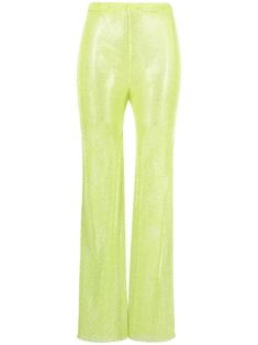 bright green mesh detailing rhinestone embellishment high waist elasticated waistband straight leg Glamorous High-waist Embellished Pants, Glamorous High Waist Embellished Pants, High Waist Embellished Evening Bottoms, Embellished High Waist Evening Bottoms, Chic High Waist Embellished Pants, Embellished Wide Leg Summer Bottoms, Embellished Wide Leg Bottoms For Summer, Elegant Rhinestone-embellished Bottoms For Spring, Elegant Rhinestone Bottoms For Spring