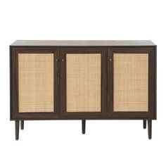 the sideboard is made from wood and has two doors, one with woven panels