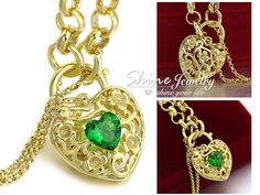 - Quantity: Price for ONE PIECE of BRACELET ONLY. - Heart Padlock Size: 26mm x 18mm - Bracelet Chain Width: 6MM                      - Bracelet Length: 23cm (maximum) - Material: Gold Filled Layer over brass, If you have allergic or sensitive skin, it's not suitable for you Green Heart-shaped Bracelet For Gift, Green Bracelets For Valentine's Day Gift, Green Bracelet For Valentine's Day Gift, Green Emerald Bracelet, Vintage Gold Bracelet, Filigree Heart, Heart Padlocks, Emerald Bracelet, Bracelet Chain