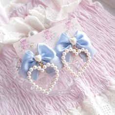 Light Blue bow pearl heart  Dangle Earrings / Clip On No Pierce ,  Cute Victorian style elegant  Jewelry ♡ the pearl heart approx 3.8cm ♡ bow width approx 4cm Pastel Blue Jewelry, Blue Bow Earrings, Light Blue Earrings Aesthetic, Cute Accessories Earrings, Cute Blue Accessories, Elegant Heart Bead Earrings For Party, Elegant Party Earrings With Heart Beads, Elegant Party Heart Earrings With Beads, Heart-shaped Bow Earrings For Party