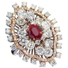 .88ct. Natural GIA "No Heat" Ruby Diamonds ring. Ruby No Heat Classic Victorian Cluster Deco Class. Ruby, Clean Clarity Supreme Vivid red color. Brilliant sparkles from all angles Pristine Transperency GIA Certified #2155269111 (Report Attached) 5.13ct side diamonds Vs-2 Si-1 Clarity, G-color Round Brilliants full cuts. 18kt. white gold 13.2 grams. Deck of ring: 1.22 X .90 Inch. depth of ring: .237 inch current ring size: 7.75 can be resized please inquire $25,000 appraisal certificate & GIA will accompany. Antique Ruby Ring, Ruby Jewellery, 14k Gold Engagement Ring, Blue Diamond Ring, Yellow Diamond Rings, Ring Ruby, Ruby Diamond Rings, Diamonds Ring, Ring Ideas