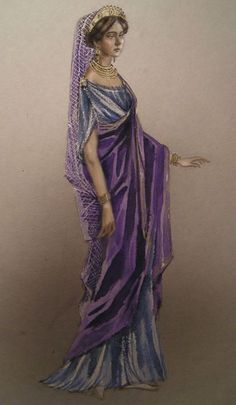 a drawing of a woman in a purple and blue dress with her hand out to the side