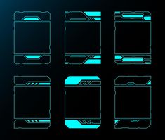 a set of nine different types of electronic devices in neon blue lights on a black background