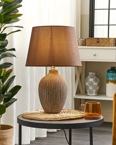 a table with a lamp on it next to a potted plant