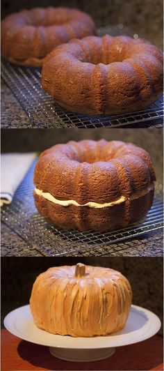 two pictures of a bundt cake with frosting on it