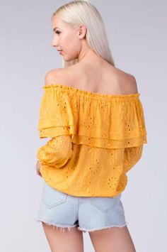 Final Sale - Get it before it's gone! STYLE INFORMATION: Cultivate the perfect look for a festival by the sea with the Beach Fest Yellow Eyelet Off-the-Shoulder Top! Chloe yellow eyelet embroidered poly falls from an elasticized off-the-shoulder double overlay neckline into blouson, long sheer sleeves, lined bodice with velvet bow at hem. DETAILS & CARE: Polyester. Hand Wash Cold. Imported. SHIPPING: Orders are processed within 1-2 business days. Packages are shipped out Monday-Friday, holidays Eyelet Lace Top, Boho Pink, Eyelet Top, Pink Boho, Velvet Bow, Eyelet Lace, Shipping Orders, Sheer Sleeves, By The Sea