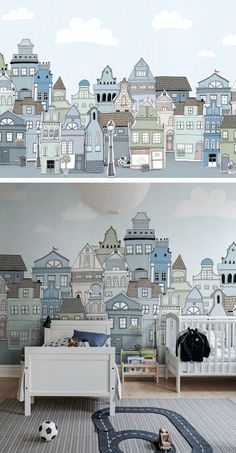 two photos side by side of a child's room with houses painted on the wall