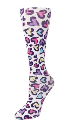 "A cute and therapeutic compression sock for those on the go! Knee Length, Closed Toe Fits Women's Shoe Sizes 5-11 Fits Calf Circumference up to 17\", Wide Calf up to 22\" 8-15 or 10-18 mm/Hg Graduated Compression 95% Nylon, 5% Spandex, Latex Free They feel good and are fashionable and fun!" Compression Knee-high Socks In White, White Compression Knee-high Socks, Breathable Stretch Multicolor Socks, Multicolor Stretchable Breathable Socks, Multicolor Stretch Sports Socks, Playful Fitted White Socks, Pink Photo, Compression Socks, Wide Calf