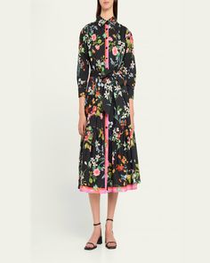 Rickie Freeman for Teri Jon tiered midi shirtdress in a floral print with striped details    Approx. 47"L from shoulders to hem    Spread collar; button front    3/4 sleeves; button cuffs    Back yoke    Waist selftie    Hem falls below the knee    Aline silhouette    Cotton/elastane    Dry clean    Imported Teri Jon, Cocktail Jacket, Midi Shirt Dress, Lingerie Romper, Shirtdress, Lingerie Sleepwear, Sweater Skirt, Coat Dress, Designer Collection