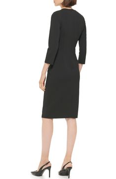 Layer and accessorize this smart sheath dress however you want for a look that easily switches from the 9-to-5 to after-hours-ready in seconds. 40 1/2" length Hidden back-zip closure Jewel neck Three-quarter sleeves Unlined 96% polyester, 4% spandex Dry clean Imported Concert Looks, Preppy Look, Ruched Bodice, Sweaters And Leggings, Jewel Neck, Comfortable Dress, Black Fits, Dress Romper, Three Quarter Sleeves