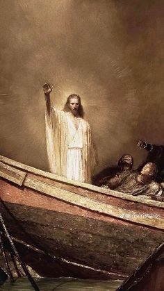 a painting of jesus in a boat with two men on the side and one holding his hand up