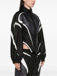 Mugler Contrast Corset Zipped Jacket - Farfetch Black Fitted Nylon Track Jacket, Black Long Sleeve Track Jacket With Contrast Panels, Fitted Black Techwear Track Jacket, Black Track Jacket With Zip Cuffs, Black Nylon Track Jacket With Zipper, Black Nylon Track Jacket, Versace Outfit, Yoko London, City Dress