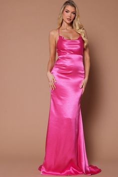 Available In Hot Pink And Champagne. Satin Maxi Dress Cowl Neck Adjustable Spaghetti Straps Lace Up Hidden Side Zipper Lined Non Stretch Self: 100% Polyester Imported | Angelique Satin Maxi Dress in Hot Pink size XL by Fashion Nova Pink Satin Halter Neck Maxi Dress, Pink Halter Neck Slip Dress For Party, Pink Spaghetti Strap Maxi Dress For Bridesmaids, Pink Halter Neck Slip Dress For Evening, Hot Pink Silk Dress, Hot Pink Satin Dress, Pink And Champagne, Hot Pink Fashion, Bright Pink Dresses