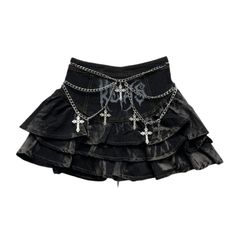 Color: Black Material: Polyester Size Length(cm)(inch) Waist(cm)(inch) S 35/13.77 62/24.40 M 36/14.17 67/26.37 L 37/14.56 72/28.34 Skirt Chain, Grunge Skirt, Y2k Skirt, Short Pollera, Tiered Mini Skirt, Jupe Short, Black High Waist, Edgy Look, Denim Short