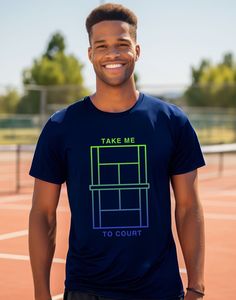 "Unleash your skills in our trendsetting \"Take Me To Court\" tennis t-shirt!  📦 Free US shipping over $35 🏭 1-day production   🚚 US/CAN shipping: 2-5 days  ✈️ International shipping: 10-30 days Made from the softest materials, our short-sleeve tee ensures superior comfort and fit for casual or on-court wear. T-shirts are made from 100% ethically grown ring-spun cotton. Consult our size guide for the perfect fit. Check out our store -- B's Sports Tees -- for the latest on-trend tennis t-shirt Sporty Screen Print T-shirt For Tennis, Sporty Pre-shrunk Tennis Tops, Green Cotton T-shirt For Tennis, Casual Tennis T-shirt With Moisture-wicking, Casual Moisture-wicking Tennis T-shirt, Blue Short Sleeve Tennis Top, Pre-shrunk Crew Neck Tennis Tops, Green Graphic Print Tennis Tops, Moisture-wicking Short Sleeve Tennis Top