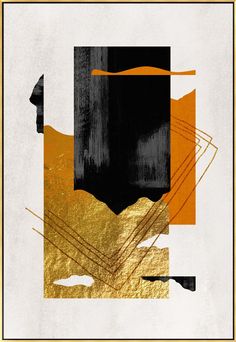 an abstract painting with gold and black colors