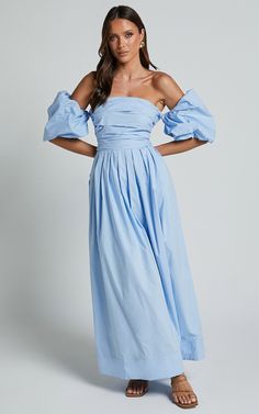 Annie Midi Dress - Off The Shoulder Ruffle Sleeve Pleated Dress in Pale Blue | Showpo USA Summer Formal Off Shoulder Dress With Ruffles, Spring Evening Off Shoulder Puff Sleeve Dress, Spring Evening Off Shoulder Dress With Puff Sleeves, Spring Billowy Pleated Dresses, Billowy Midi Dress For Spring Formal, Spring Off Shoulder Dress With Gathered Sleeves, Summer Fitted Off Shoulder Dress With Gathered Sleeves, Feminine Ruched Off Shoulder Dress For Spring, Summer Off-shoulder Dress With Gathered Sleeves