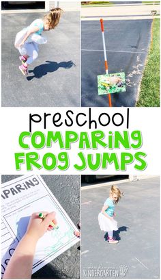 a collage of photos with the words preschool comparing frog jumps in green and white