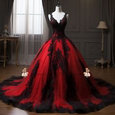 New Red and Black Lace Applique Ball Gown Wedding Dress Robe De Mariage Plus Size Full-Length Bridal Gown Bride Dress W3-2.20 sold by Liaumin on Storenvy Strapless Ball Gown Wedding Dress, Wedding Dress Robe, Black Wedding Gowns, Prom Dress With Train, Lace Applique Wedding Dress, Prom Dress Plus Size, Pretty Prom Dresses, Prom Formal, Black Wedding Dresses