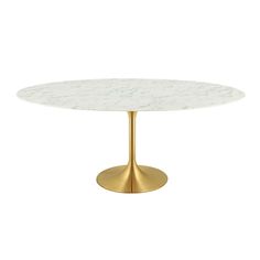 a white marble table with gold legs and an oval base, on a white background