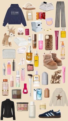 a collage of various items including shoes, clothing and cosmetics