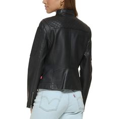 The perfect jacket for your urban adventures. This faux-leather Levi's moto has stand collar, zip accents and chest + waist pockets to capture your Instagram feed. Quilted shoulders and arms add style while the lightweight and lined fabric keeps you comfortable whether zipping around town or posing for likes. Downtown appeal and influencer-approved looks without the weight or real leather price - what's not to love? A must-have in your closet this season. Streetwear Faux Leather Biker Jacket With Zipper Closure, Fitted Moto Biker Jacket With Padded Collar, Moto Style Fitted Biker Jacket With Padded Collar, Urban Faux Leather Jacket With Zipper Closure, Urban Faux Leather Jacket With Zipper, Fitted Biker Jacket With Padded Collar For Fall, Fitted Fall Biker Jacket With Padded Collar, Fitted Moto Leather Jacket With Zipper Closure, Trendy Leather Jacket With Zip Fly