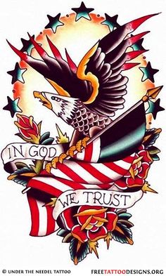 an eagle and flag tattoo design with the words in god we trust