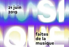 a poster with the words music one written in white and blue letters on purple background