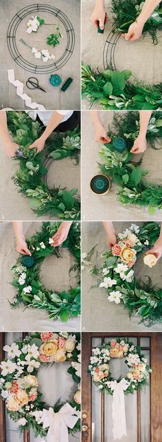 the steps to make a wreath with flowers and greenery