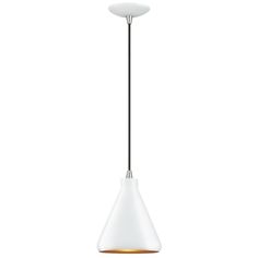 a white light hanging from a ceiling with a metal rod and an acrylic shade