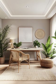 a living room filled with lots of plants next to a table and chair on top of a rug