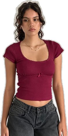 Fitted Ribbed Short Sleeve Top For Summer, Short Sleeve Burgundy Tops For Summer, Burgundy Short Sleeve Tops For Summer, Red Fitted Top With Square Neck, Solid Color Fitted Short Sleeve Top With Scoop Neck, Fitted Ribbed Burgundy Top, Burgundy Casual Short Sleeve Top, Casual Burgundy Short Sleeve Top, Burgundy Short Sleeve Tops For Spring