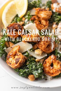 Kale Caesar Salad with Blackened Shrimp - Jaylynn Little Blackened Shrimp Caesar Salad, Kale Salad With Shrimp, Shrimp And Kale Salad, Blackened Chicken Caesar Salad, Shrimp And Kale Recipes, Kale Shrimp Salad, Shrimp Kale Recipes, Shrimp Ceasar Salad Recipes, Dino Kale Recipes