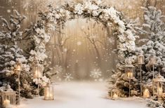 a winter scene with snow covered trees and candles in front of an arch decorated with snowflakes