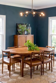 a dining room with blue walls and wooden chairs around a table that has plants on it