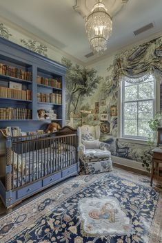 a baby's room with a crib, chair and bookshelf in it