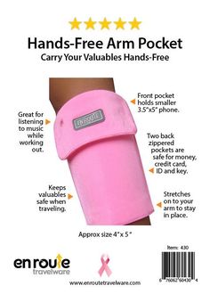 Hands Free Arm Pocket - Pink - En Route Travelware Free Front, Hands Free, Stretchy Material, Slides, Pink