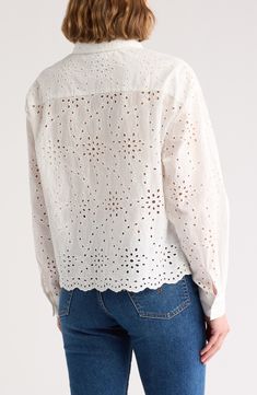 Intricate eyelet embroidery punctuates a breathable pure-cotton shirt framed with long sleeves. 22" length (size Small) Hidden-button placket Spread collar Long sleeves 100% cotton Hand wash, line dry Imported Casual Broderie Anglaise Shirt For Spring, Cotton Eyelet Long Sleeve Tops, Casual Collared Tops With Broderie Anglaise, Casual Broderie Anglaise Shirt For Daywear, Daywear Eyelet Button-up Top, Long Sleeve Broderie Anglaise Blouse In Relaxed Fit, Long Sleeve Broderie Anglaise Blouse With Relaxed Fit, Long Sleeve Blouse With Broderie Anglaise In Relaxed Fit, White Relaxed Fit Eyelet Top