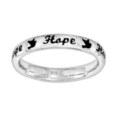 "Ring Details: Ring width: 3.5-mm Metal: rhodium-plated sterling silver Inscription: ""Hope"" Features: black enamel dove inlays  Gender: female. Age Group: adult." Sterling Silver Stacking Rings, Stack Ring, Bow Jewelry, Stacked Stone, Gold Plated Rings, Stamped Jewelry, Size 10 Rings, Black Enamel, 925 Sterling Silver Jewelry