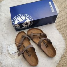 Brand New With Tags Comes With Original Box Style: Mayari Color: Mocca Size 38 Please Refer To Birkenstock Website Sizing For Questions On Sizing (I Am A Women's Size 8) Reason For Selling: Downsizing Tip: Bundle With Other Items In My Closet For Savings! Top Rated Seller Fast Shipping Smoke/Pet Free Home Black Birkenstocks, Taupe Sandals, Shoes Birkenstock, Vegan Sandals, Birkenstock Sandals Arizona, Two Strap Sandals, Birkenstock Brown, Double Strap Sandals, Birkenstock Women