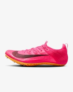 the nike zoom flyknit 2 running shoe is bright pink and has an orange sole