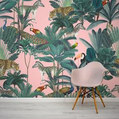 Paradise Garden Pink Wallpaper With Pink Chair Pink Jungle Wallpaper, Principle Bedroom, Pink And Green Decor, Jungle Paradise, Seaside Wallpaper, 2024 Bathroom, Wallpaper Art Deco, Animal Jungle, Scandinavian Wallpaper