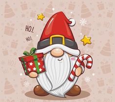 a cartoon christmas gnome holding a gift box with candy canes and stars around it