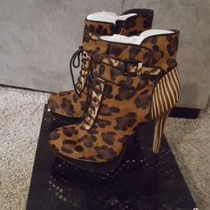 Real Fur Sam Edelman Ankle Booties. Never Been Worn. Leopard Print Leather Boots For Party, Brown Platform Ankle Booties, Brown Leather High-top Heels, Brown High-top Leather Heels, Leopard Print Leather Ankle Boots, Chill Fashion, Goth Shoes, Animal Humour, Cute Shoes Heels