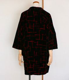 "Highly Recommended ! Beautiful Vintage Japanese Velvet Kimono Coat Item no. M20-02 Chic Vintage Japanese Kimono Long Coat \" Michiyuki \" ! This is a traditional \"kimono coat\" called michiyuki. Perfect any season. also used as a Rain coat . This Kimono Coat has Red Check Pattern in Black Velvet fabric! Very Modern design. << What is Michiyuki? >> It's meant to be worn when going out in the street, to protect the kimono from getting dirt or wet, and also to make the wearer warmer. Black Velvet Fabric, Black Velvet Jacket, Velvet Kimono, Kimono Coat, Traditional Kimono, Vintage Japanese Kimono, Rain Coat, Vintage Kimono, Velvet Jacket